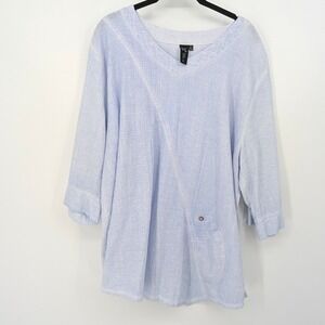 Focus Casual Life Top Women XL Blue Waffle Knit Seersucker V-Neck Coastal Tunic